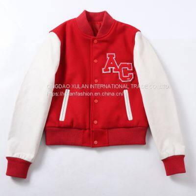 Hot sale factory outlet style 2021 New fashion ladies'baseball melton body leather sleeve jacket