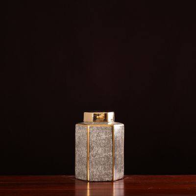 Hexagon White Porcelain Unique Black Gold Ceramic Vase For Model Room Decor photo-3