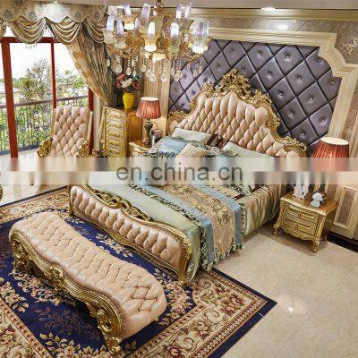 Italian style royal wooden carved bedroom set classic leather king bed