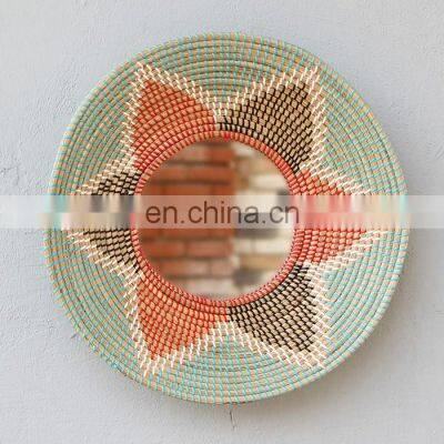 Flower Pattern Custom Color Seagrass Boho Mirror With Plastic String Wall Mirror Decor Art Decor Manufacturer Vietnam Supplier photo-2