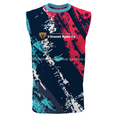 newest fashion design sleeveless t-shirts with blue round neck
