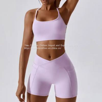 Wholesale Fitness Yoga Wear 2 Piece Active Wear Set Women Gym Multi Strap Open Back Sports Bra Front Cross Over Mini Shorts Set photo-3