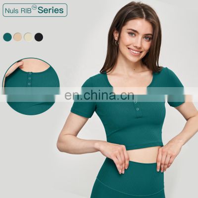 Soft Ribbed Front Botton Short Sleeved T-Shirts Wholesale Women Tight Yoga Crop Tops