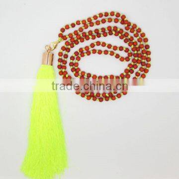 NE2269 Hot sale knot brown howlite mala bead necklace with neon yellow tassel