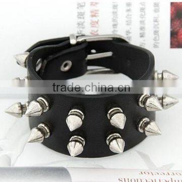 Two Row Spike Leather Bracelet Double Strand Alloy Spike Bangle In stock