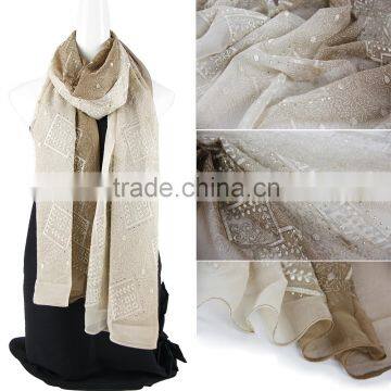 Two tone color emboidery silk scarf women with Sequins