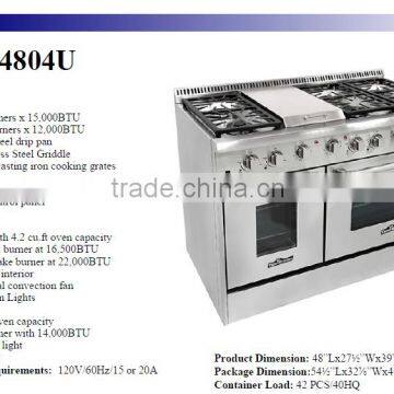 Double oven 48 inch gas range with 6 burner