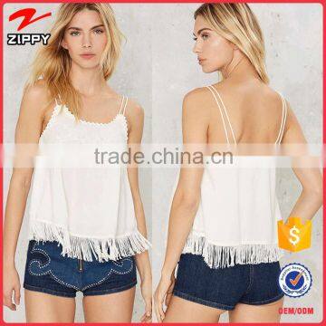 2016 Cute Summer Spaghetti Strap Tassel Stitch Embroidery White Crop Top