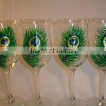 hand painted feather designs wine glass set of 4 and glass carafe