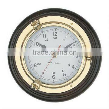 Brass polished port hole clock wood base, Porthole wall clock