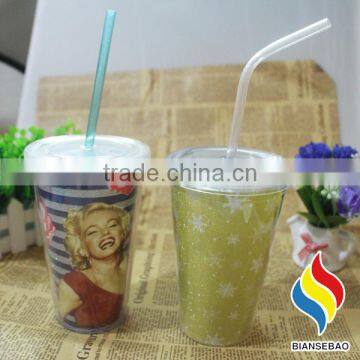 promotional plastic cup , cheap 450ml PS travel cup with straw