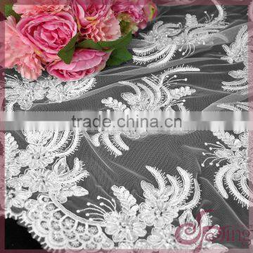 White floral pearl beaded sequined lace fabric,embroidery bridal lace for wedding