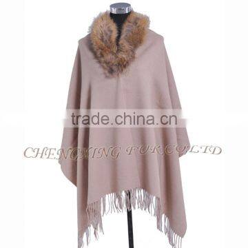 CX-B-P-44F Ladies Latest Design Genuine Raccoon Fur Collar Wool Cashmere Fringed Pashmina Shawl photo-6