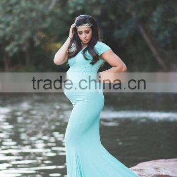 Wholesale Women Pregnancy Dress Maternity Maxi Gown Clothes 100% Cotton Blue Dress photo-2