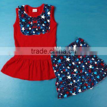 Yawoo Wholesale National Day Baby Girls Boutique Outfits 4th of July Tops and Shorts Stars Print Clothing Set Cheap Fashion Kids photo-3