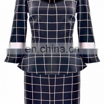 2015 New Product Elegant Fancy Windowpane Plaid Print Women Peplum Dress Long Sleeve Wholesale photo-2