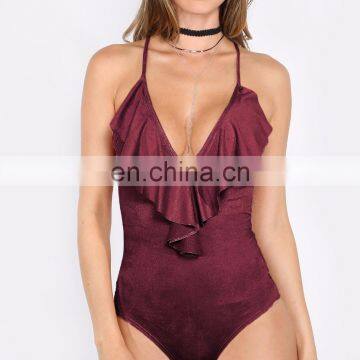 MIKA72024 Sexy Red Ruffle V-Neck Bodysuit For Women