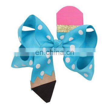 Free 6''*4.5" Pencil Print Hair Bows for Girls Back to School Supplier Hairgrips Pen Quality Ribbon Bows Clips Kids Headwear
