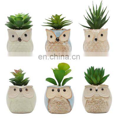 Home Decor Artificial Plant Faux Artificial Plastic Gree Mini Succulent Plants With Owl Animal Pot