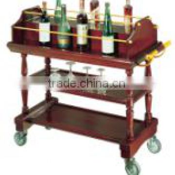 Lyriform three layer wooden pillar Luxury hotel wood wine three layer liquor trolley service cat for hotel or restaurant