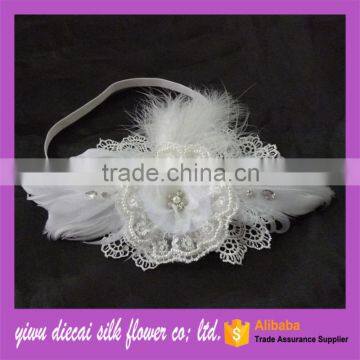 bulk artificial lace flower with rhinestone and feather decoration bridal flower