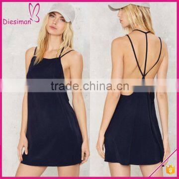 Loose Slip Silhouette Straight Neckline Strappy Racerback Navy Blue Chiffon Sexy Slip Dress