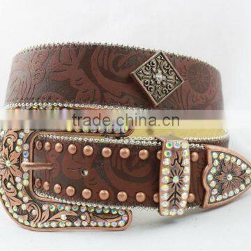 2015 New Design Western rhinestone leather belt with square conshos with crystals