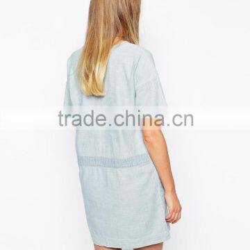 Short Sleeve Tassel Tie Neckline Denim Dress photo-3