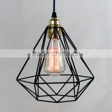 10.9-4 Modern diamond shaped cage pendant with decorative filament light bulb and coloured fabric cable Pendant Light