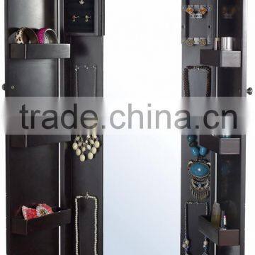 Wall Mounted Wooden Mirrored Jewelry Cabinet With Dressing Mirror Inside and Carved Pattern on Two Doors Vintage Antique Designs photo-2