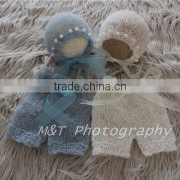 Hand Knitted Baby Shorts and Bonnet Set Newborn Outfits with Ribbons and Pearls Newborn Prop