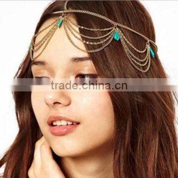 Gold Indian Head Chain 5 Turquoise Crown Hair Cuff Arabian Head Piece Jewelry Hair Accessories