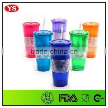 20 oz promotional double wall plastic bling tumblers with straw