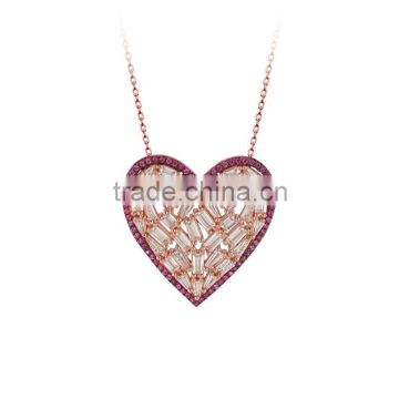 Rose Gold Plated 925K Sterling Silver Baguette Heart Necklace Love Baguette Necklace