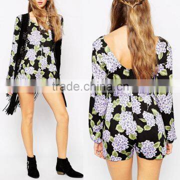Mini Long Sleeve Hot Floral V Back Jumpsuits