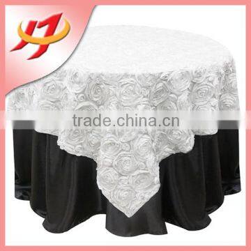 Latest design factory sale cheap round table organza overlay with rosette decoration