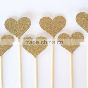 NEW Gold Glitter Heart Cake Picks - Set of 6