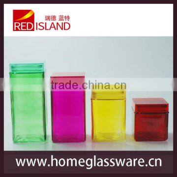 square glass storage canister with sprayed colors& plastic lid