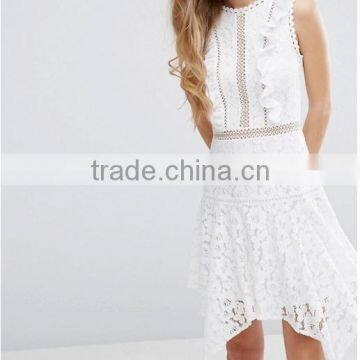 Women Fashion Sleeveless A-Line Lace Asymmetrical Hem High Waist Sweet Dress