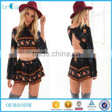 Sexy scoop blouses and short pants 2016 Women fashion flower printing two piece sets