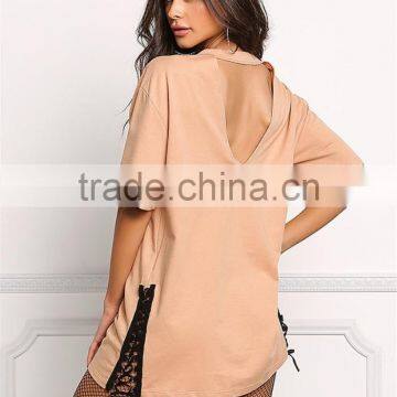 MGOO Fashion Custom Made 95% Cotton 5% Spandex 220g Nude V Cut Out Side Lace Up Shirts Tunic Tops photo-2