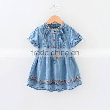 F10023A New Style Short Sleeve Embroidery Denim Dress Girls Summer Dress
