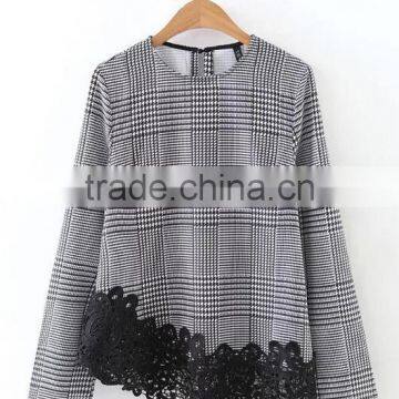 Runwaylover EY2378B Ladies 2017 Fashion Lace Splice Plaid Blouse photo-5