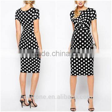 2016 Latest Body Conscious Polka Dot Maternity Dress With Cross Front