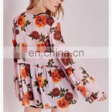 New Style Women Oversized Pink Floral Printed Sexy Chiffon Blouse photo-6