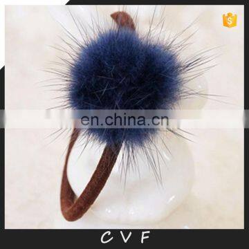 Cute mink fur elastic hand made real fur ball hairband for girl woemn hair