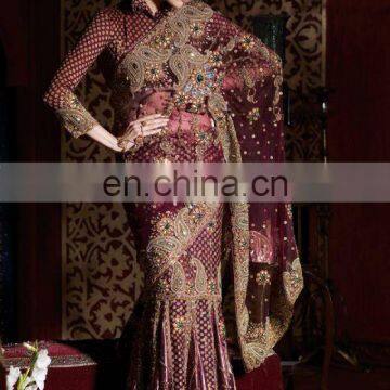 Latest Designer Plum Color Crystal Lehenga Saree 2016