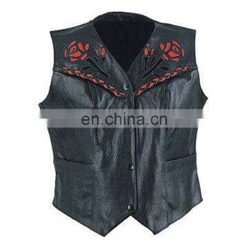 HMB-3261A LEATHER VEST BIKER ROSE STYLE BRAIDS COAT BLACK