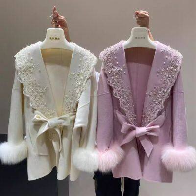 New autumn and winter bespoke lace wool coat, women's mid-length fox fur double-sided woolen cape coat