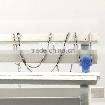 Synthetic Light Blue OP06 Hamsa/Hand Shape Opal 925 Silver Chain Necklace Jewelry photo-2